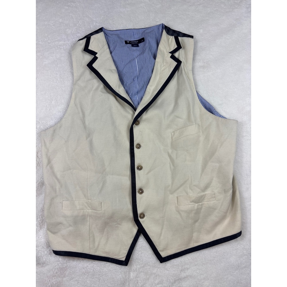 Cremieux Collection Mens Wool Blend Waistcoat Vest XL Cream Navy Contrast Trim
